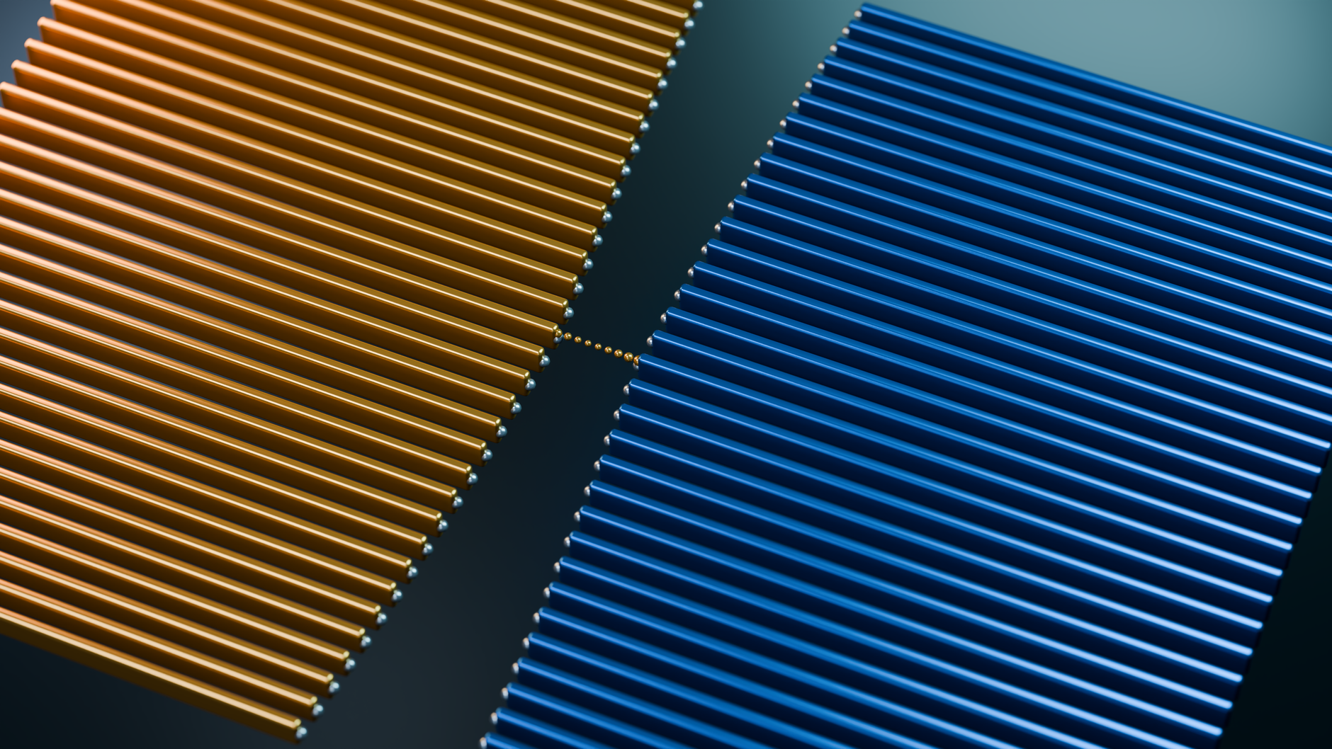 Abstract 3D render of blue and gold metallic lines with high contrast lighting, symbolizing advanced technology.