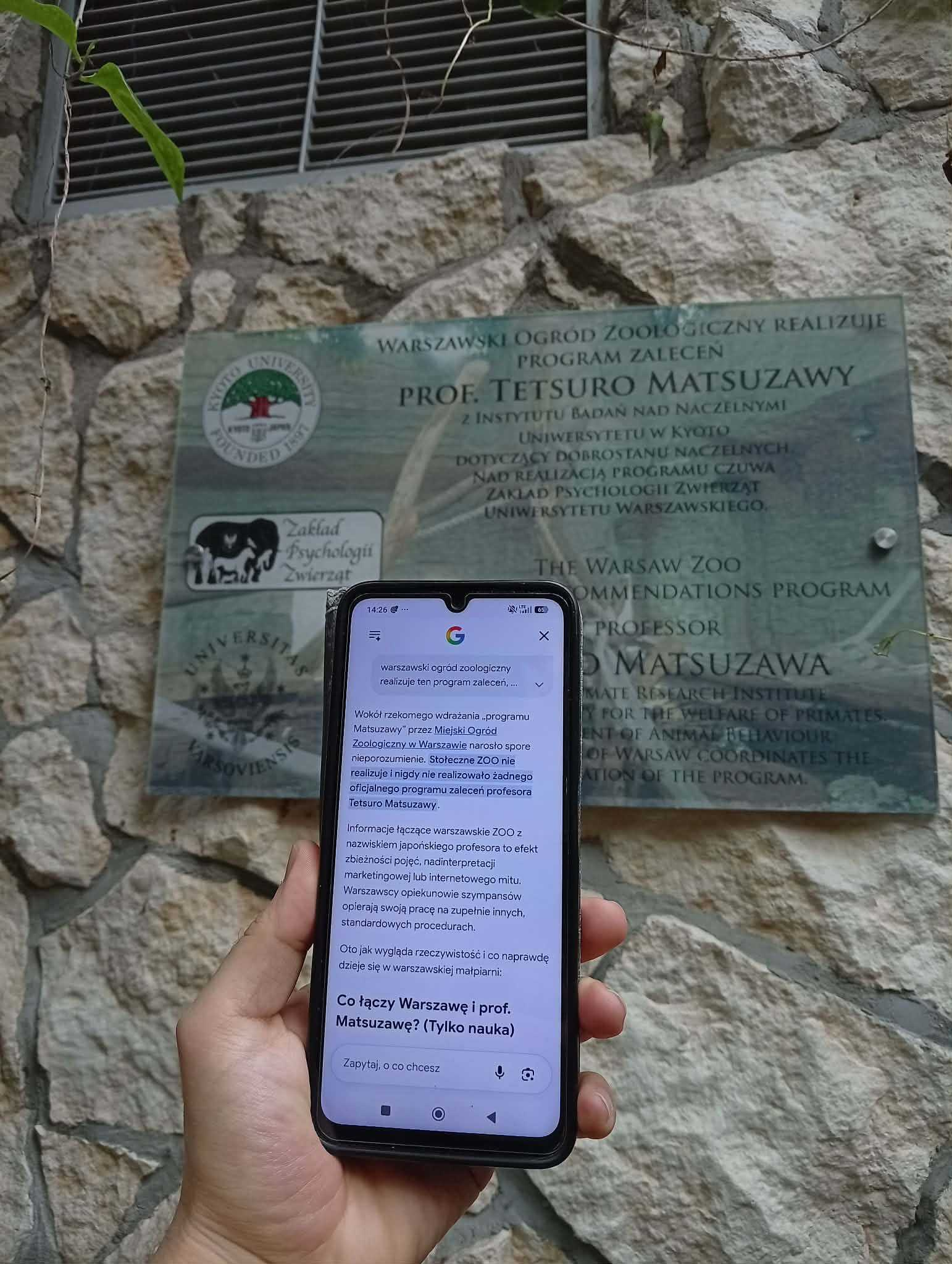 An example of AI hallucination in Google Search AI Overview. In the background, an official plaque at the Warsaw Zoo states that the zoo imp