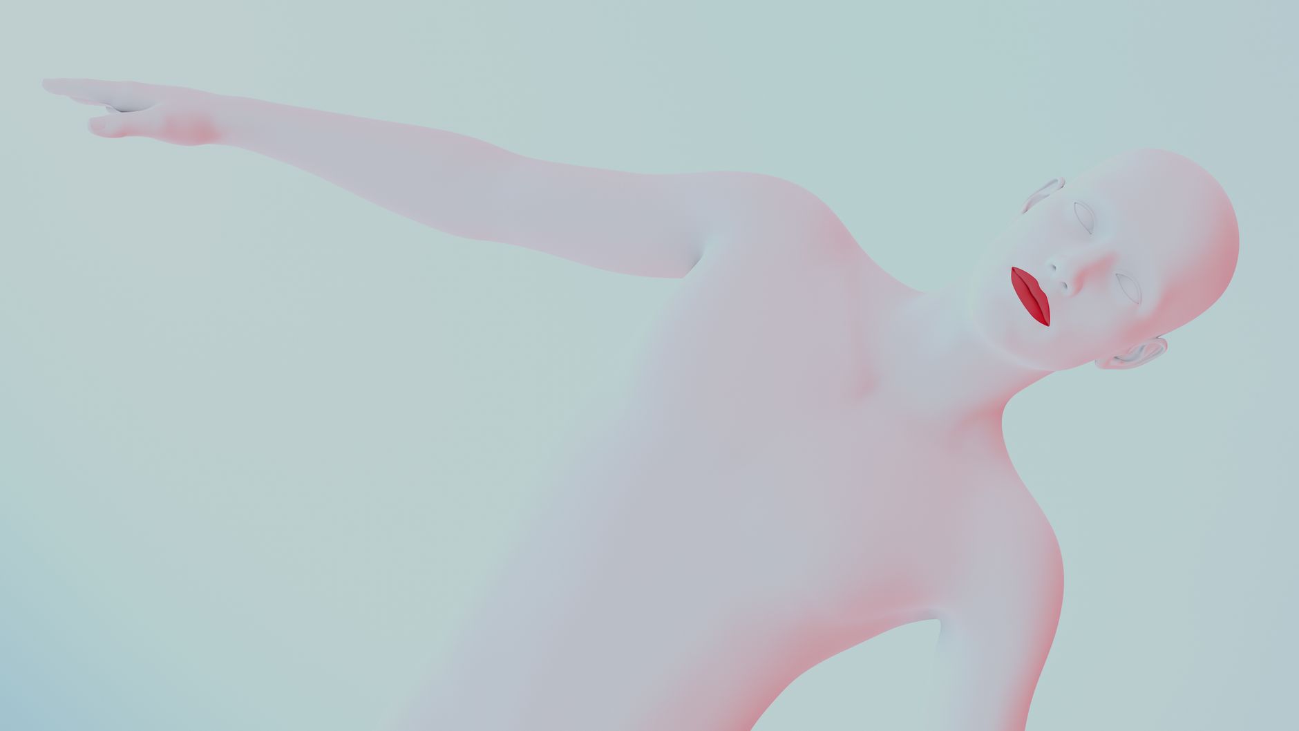 White abstract render of a human figure with red lips in a minimalist style.